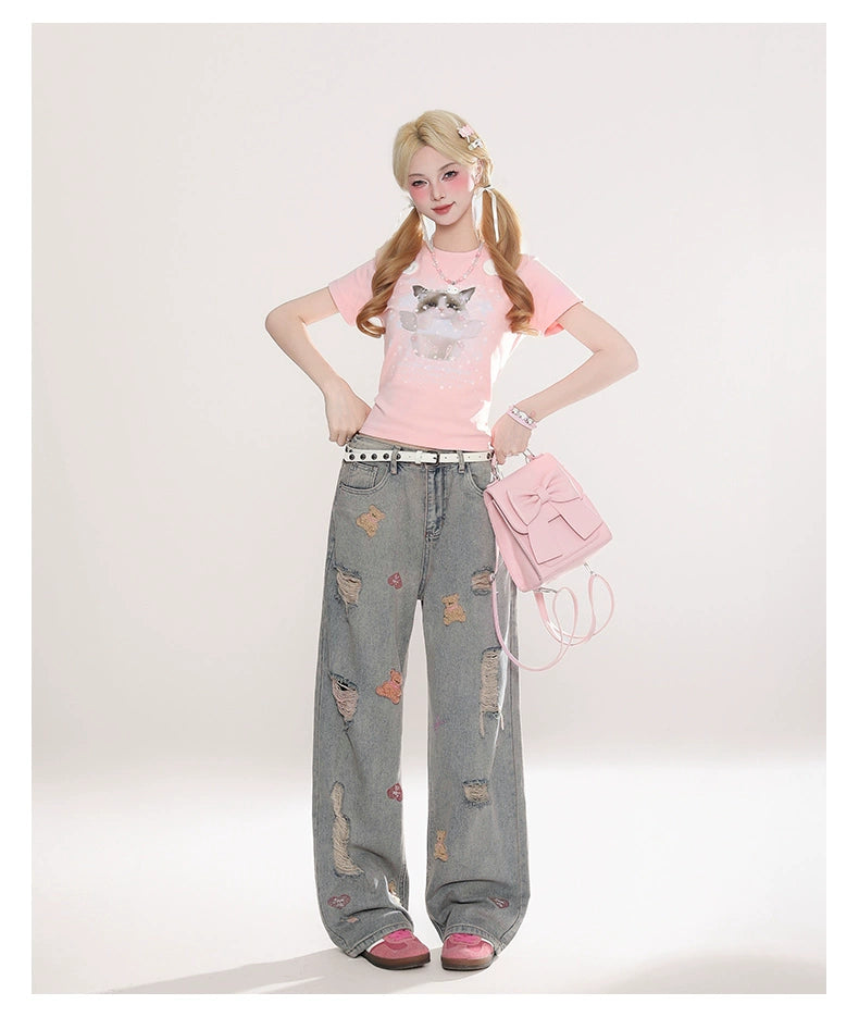 Distressed Teddy Bear Wide Leg Jeans