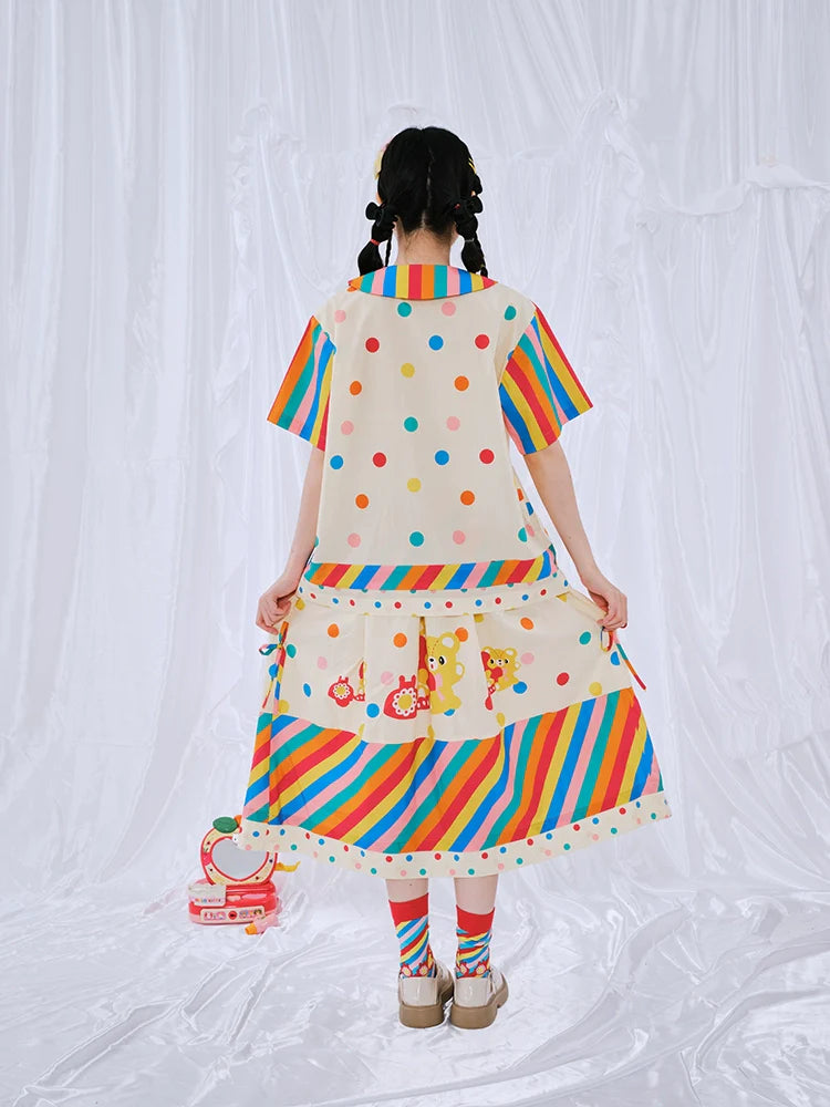 Rainbow Stripe Bear Print A-line Skirt