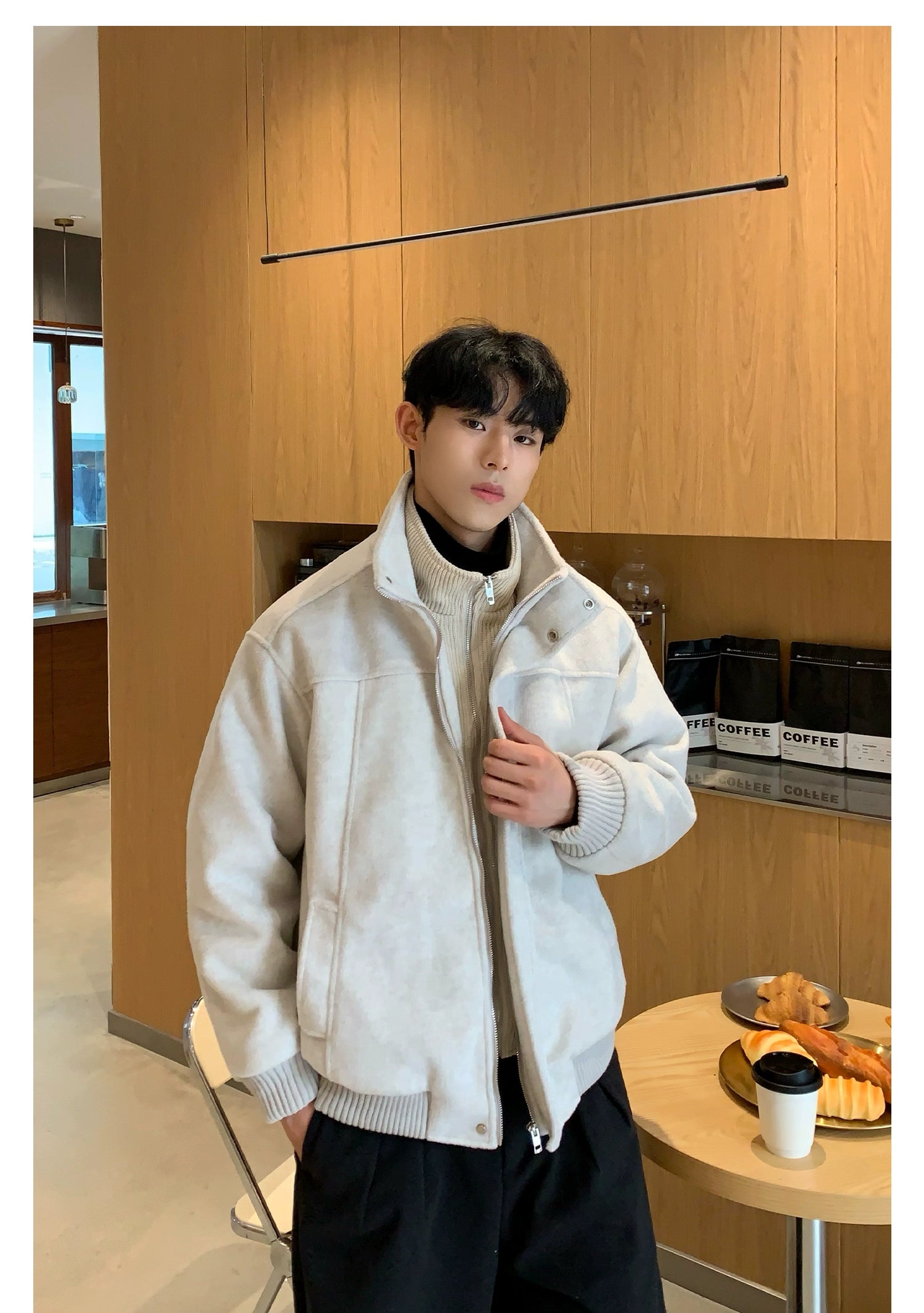 Bomber Jacket with Stand Collar and Ribbed Cuffs