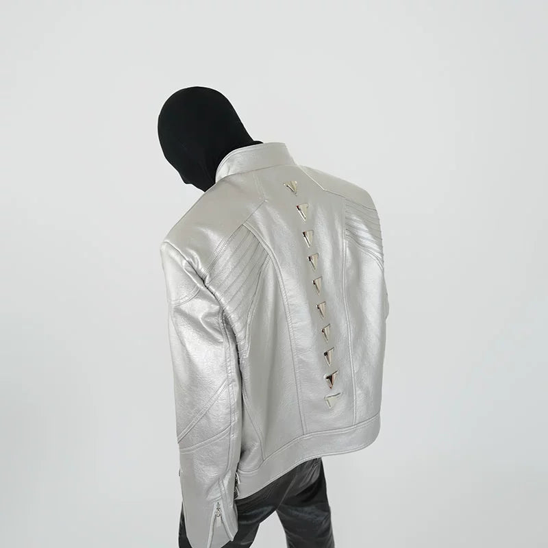 Vortex Spine Pyramid‑Stud PU Leather Jacket