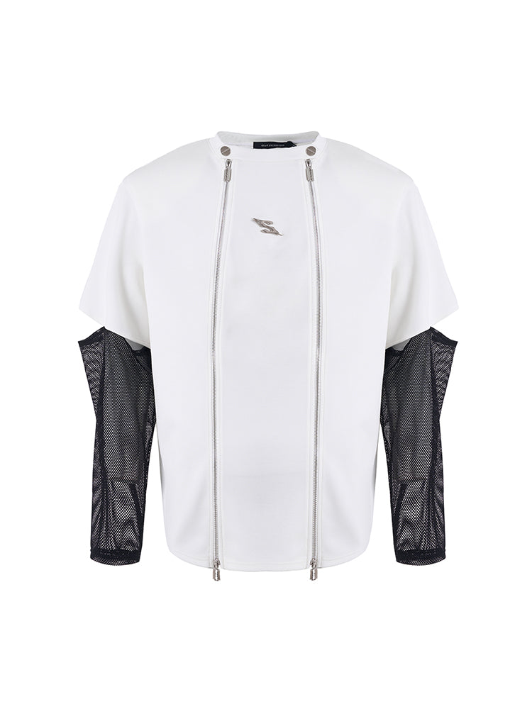 Dual Front Zippers and Mesh Sleeves T-Shirt