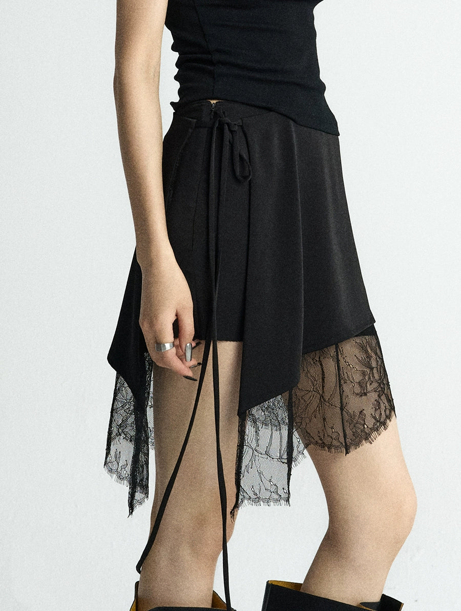 Twilight Veil Asymmetric Lace‑Hem Skirt