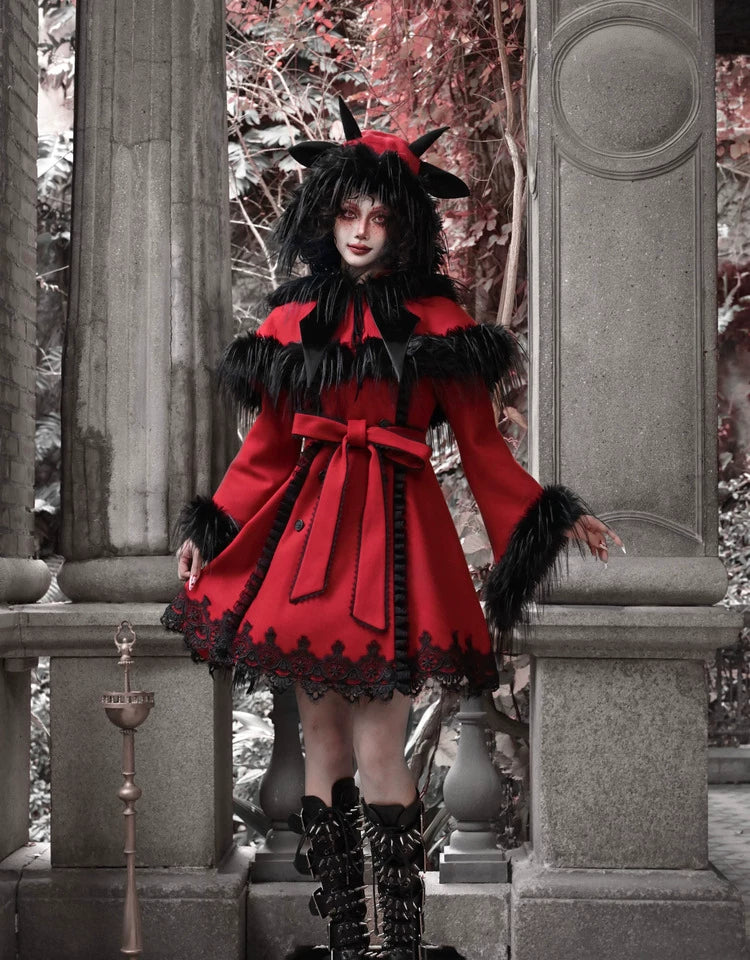 Crimson Faux Fur Trim Gothic Coat Dress