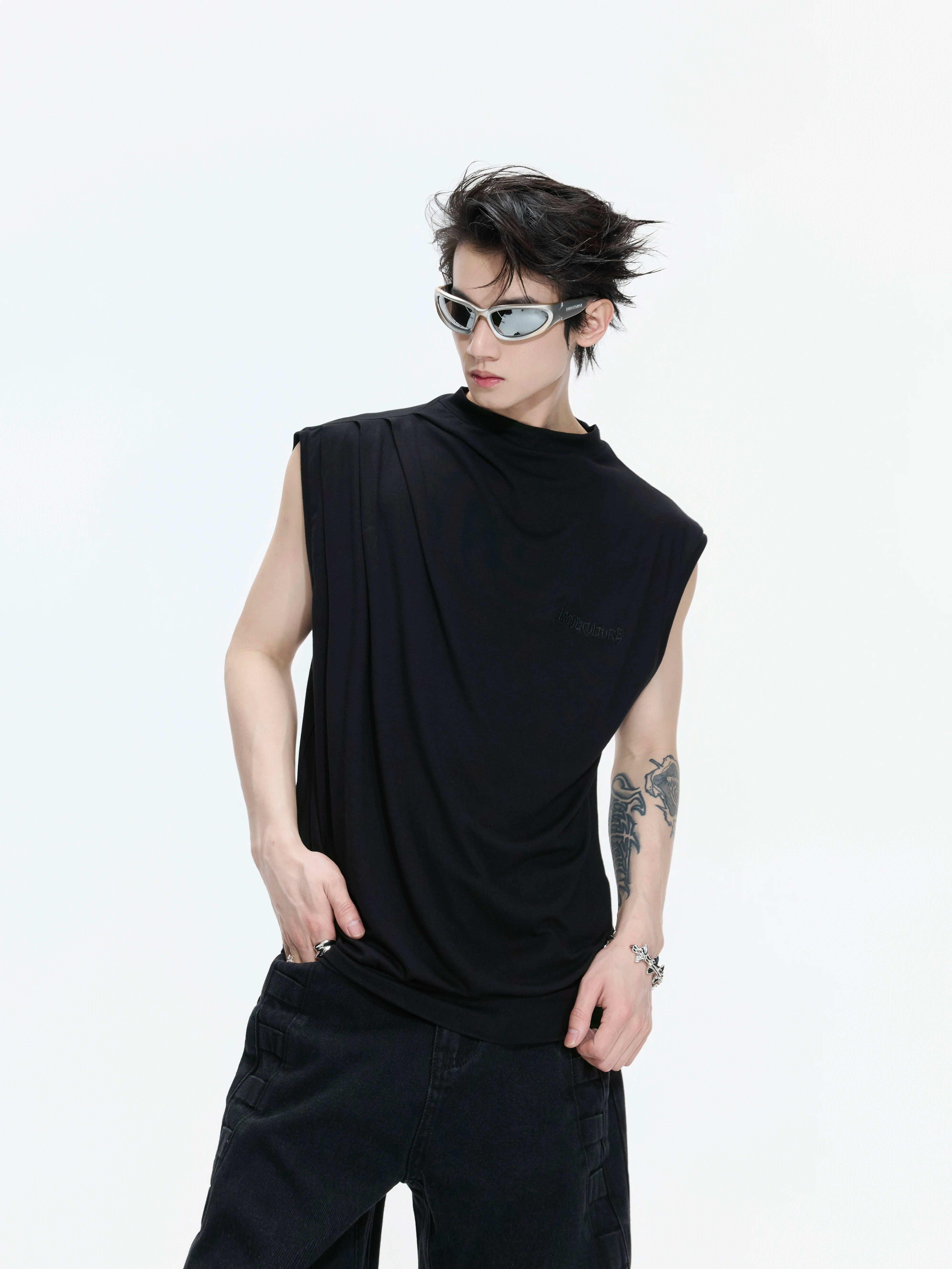 Sleeveless Mock Neck Draped T-Shirt