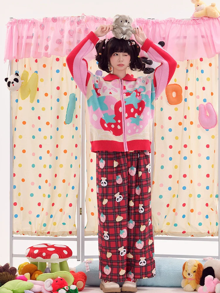 Plaid Panda Strawberry Print Pajama Pants