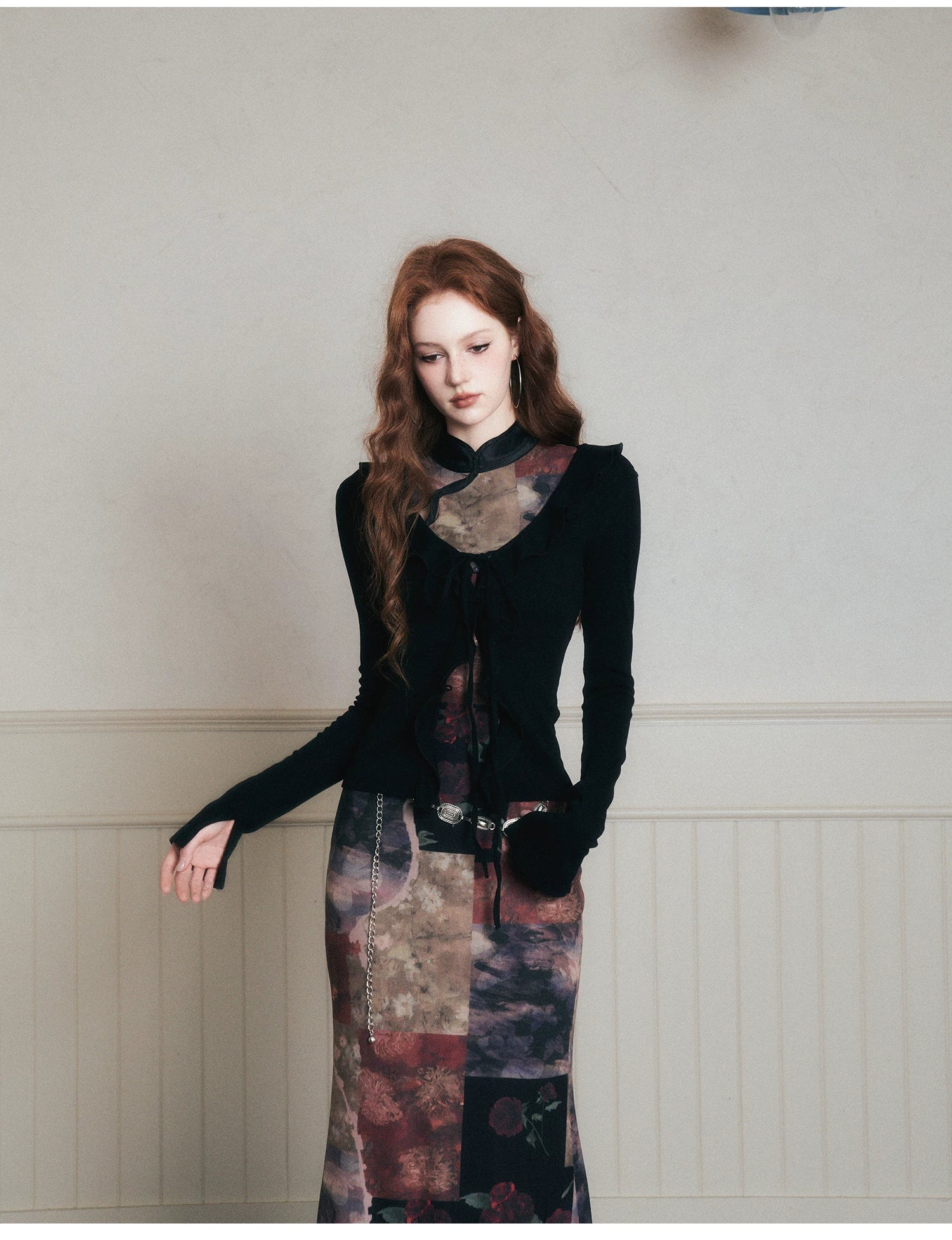 Vintage Noir Patchwork Cheongsam Maxi Dress