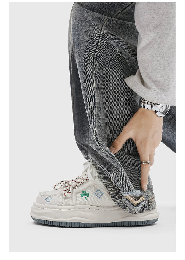 Distressed Embroidered Platform Sneakers