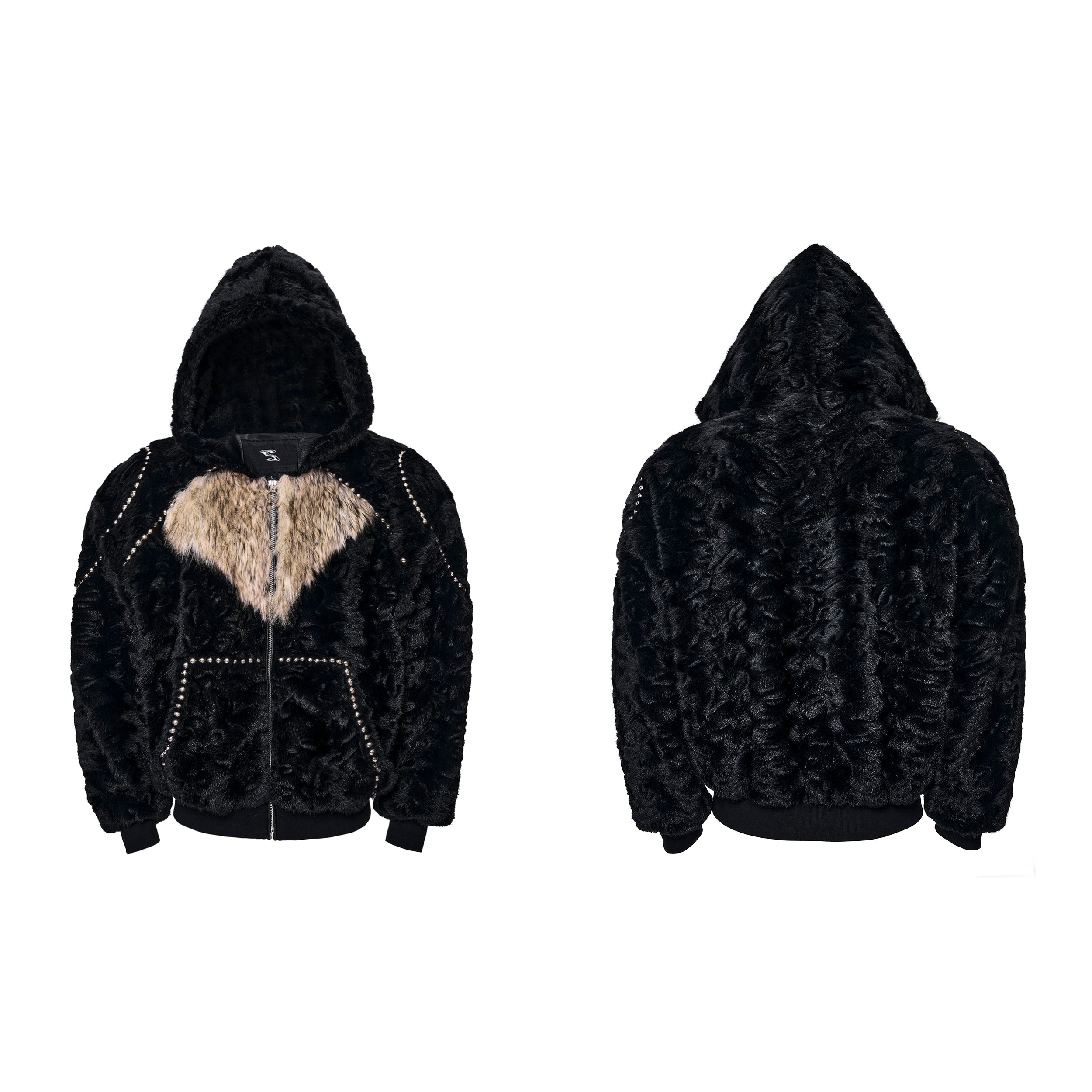 Black Faux Fur Heart Studded Jacket and Pants Setup