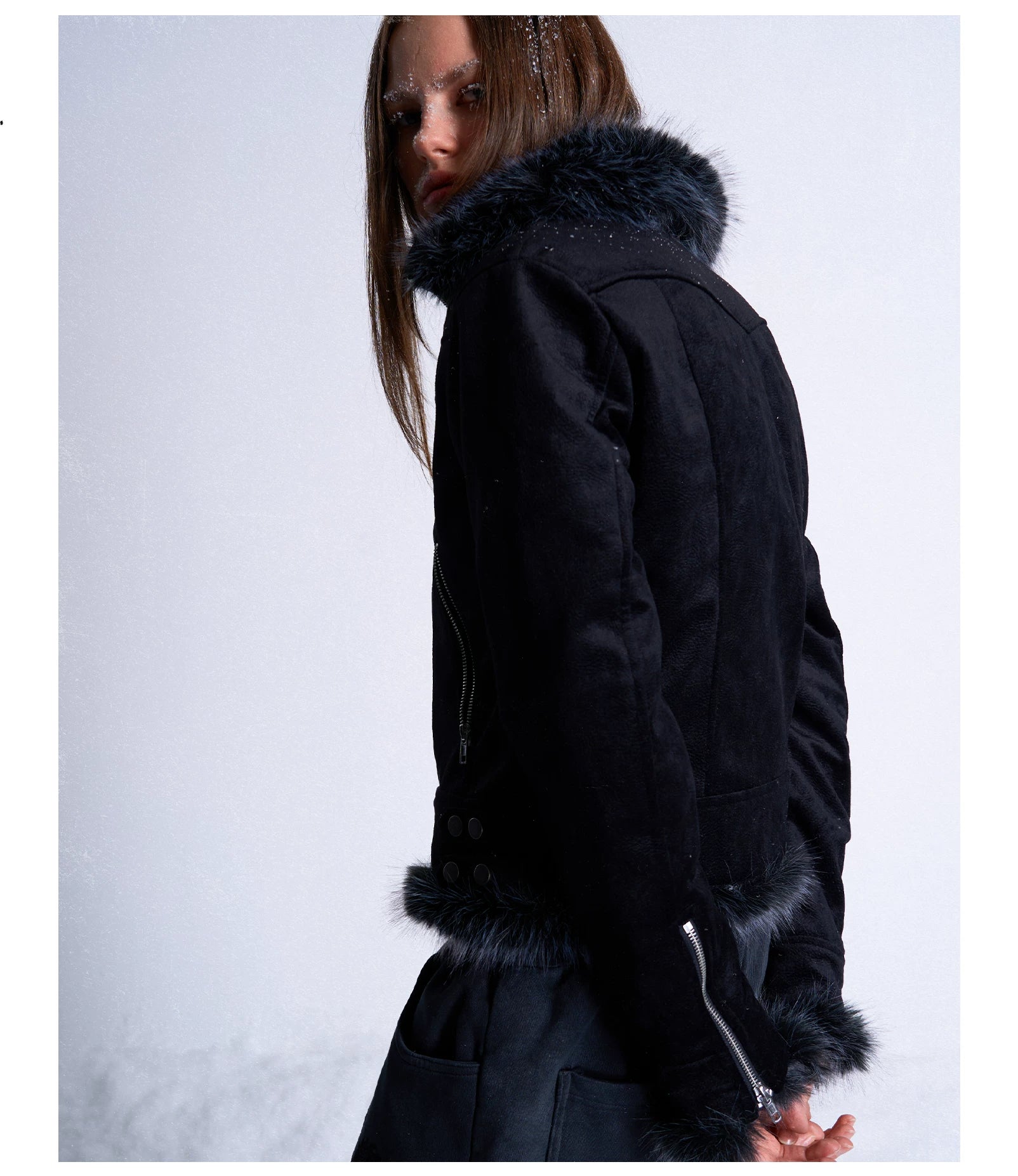 Short Fox Fur Collar Winter Moto Jacket