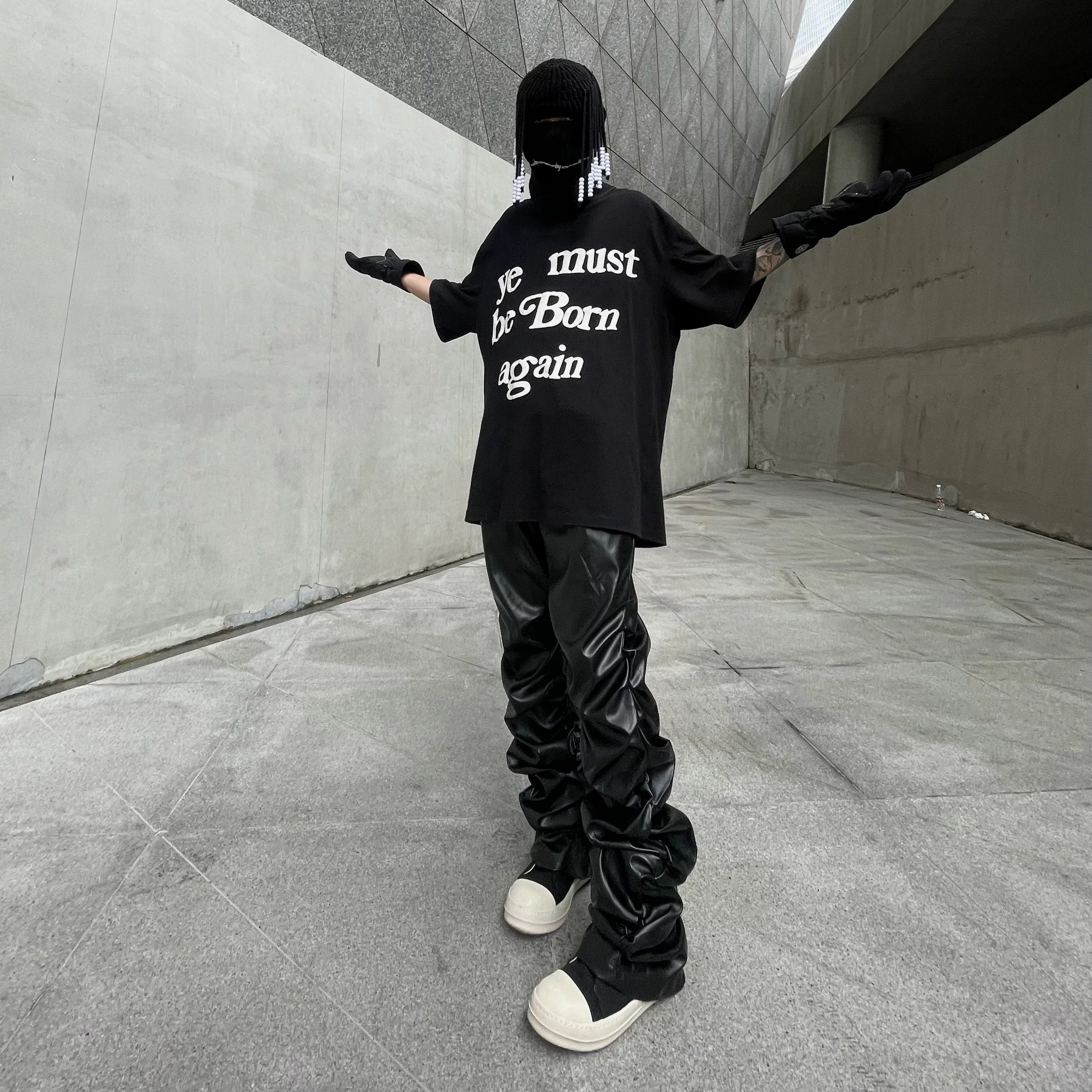 Glossy Wrinkled PU Stacked Wide-Leg Pants