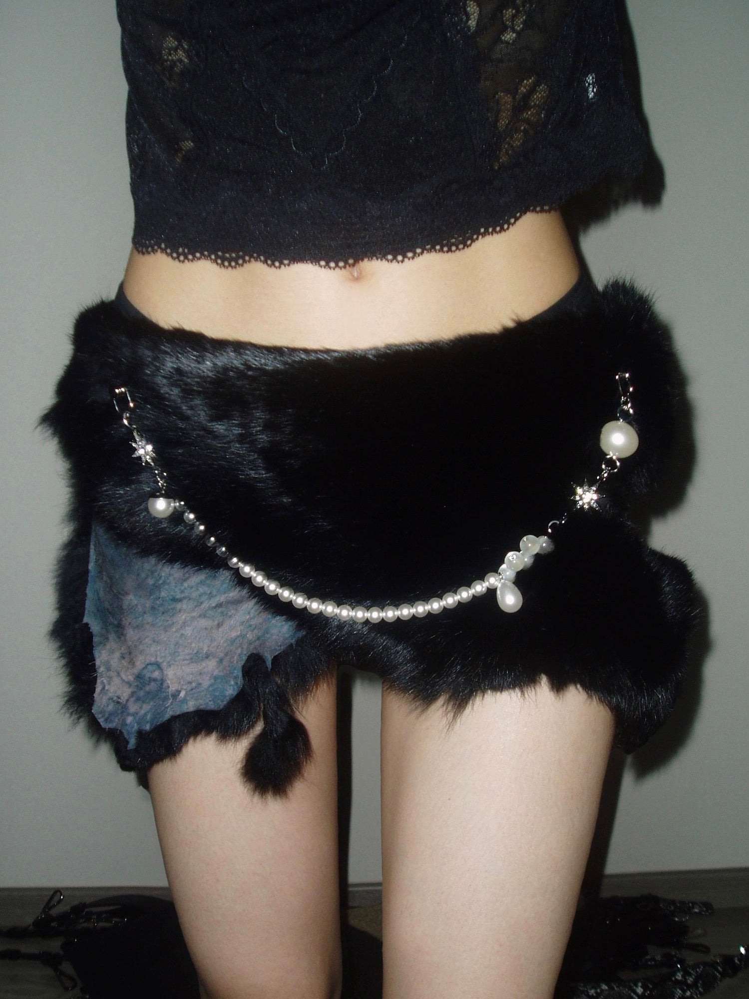 Black Rabbit Fur Pearl Chain Belt