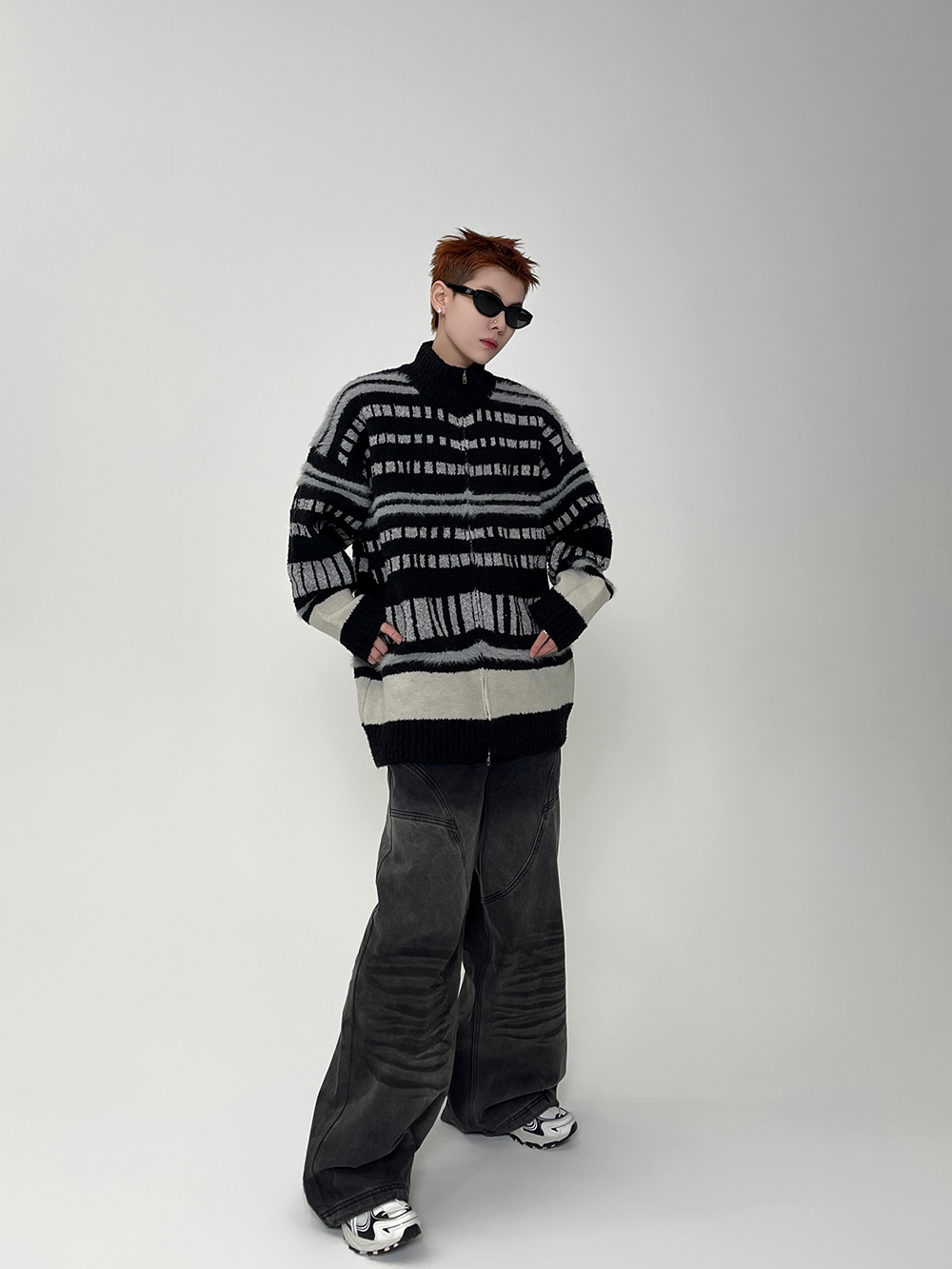 Metro Lines Fuzzy Zip Knit Sweater