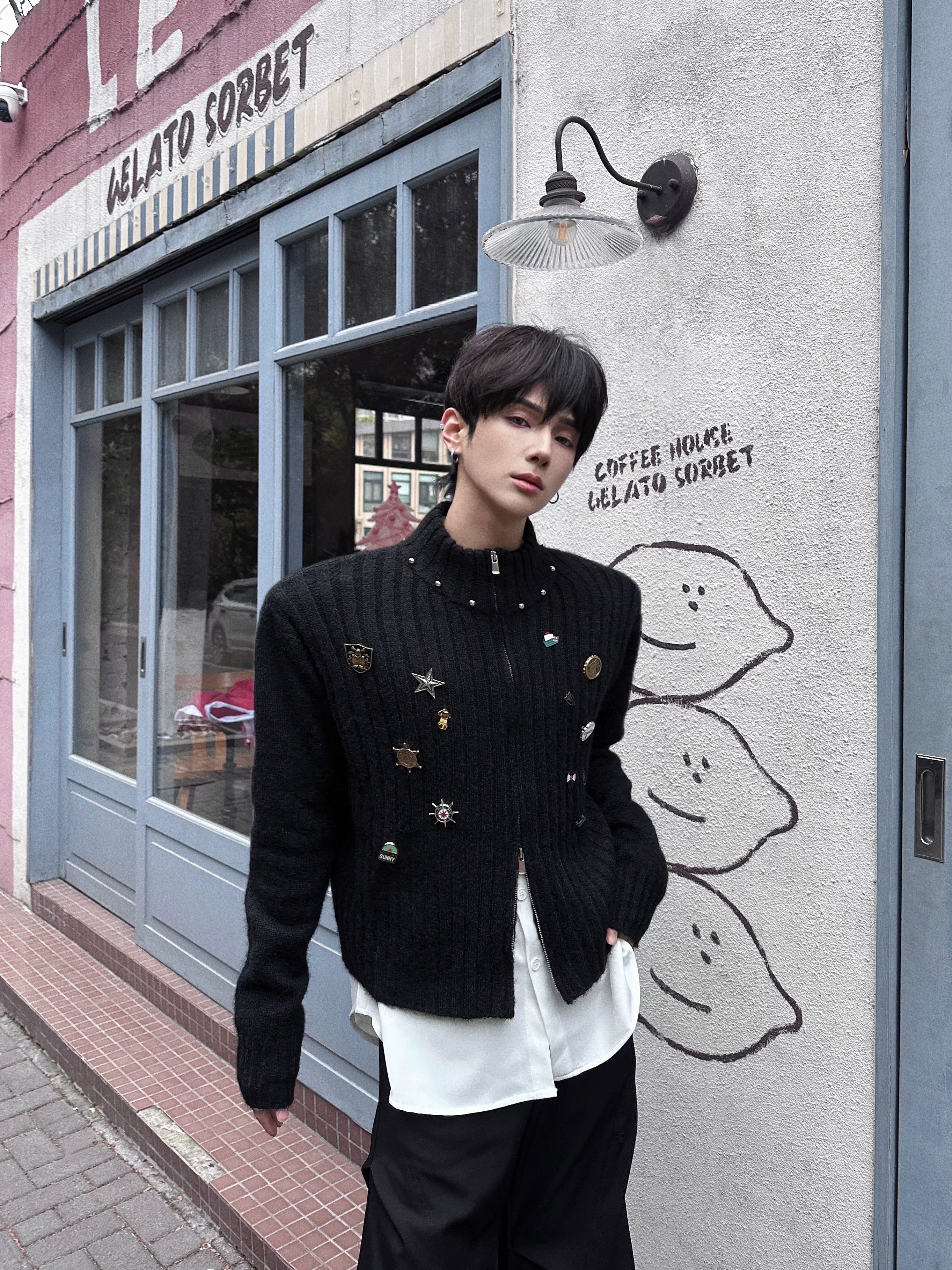 Pinfall Monogram Ribbed Zip Cardigan