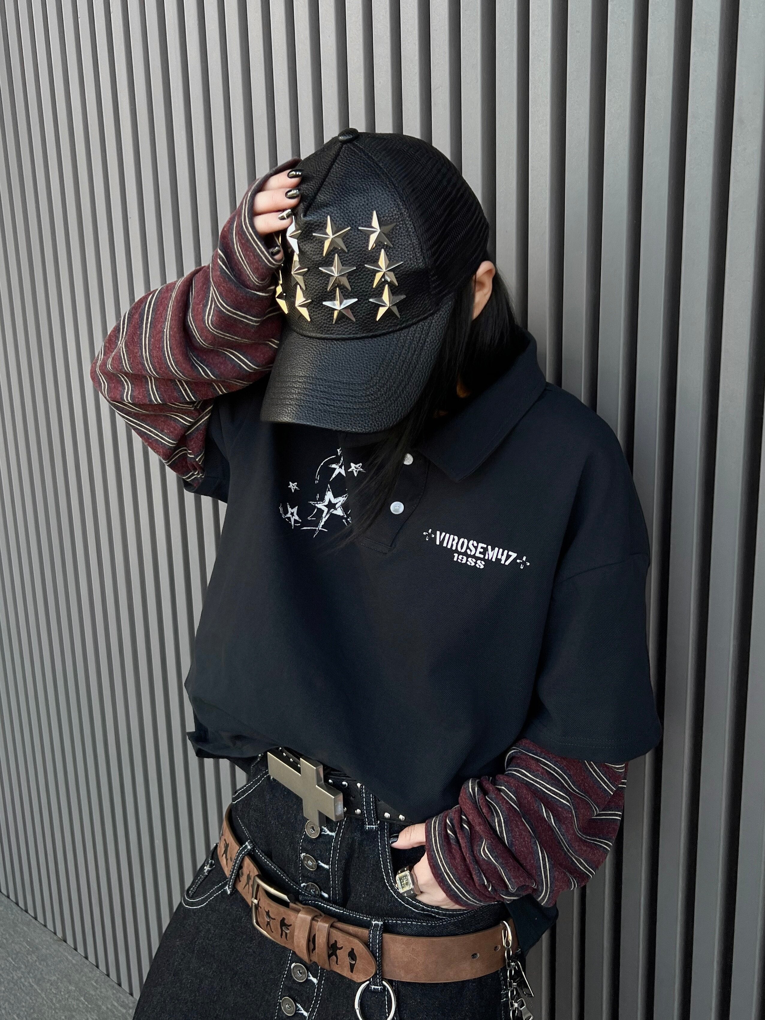 Men's Star-Embroidered Layered Long-Sleeve Polo Shirt