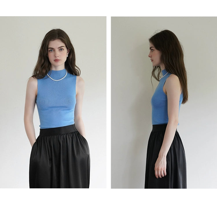 French Semi-High Neck Wool Knit Seamless Blue Tank Top - chiclara