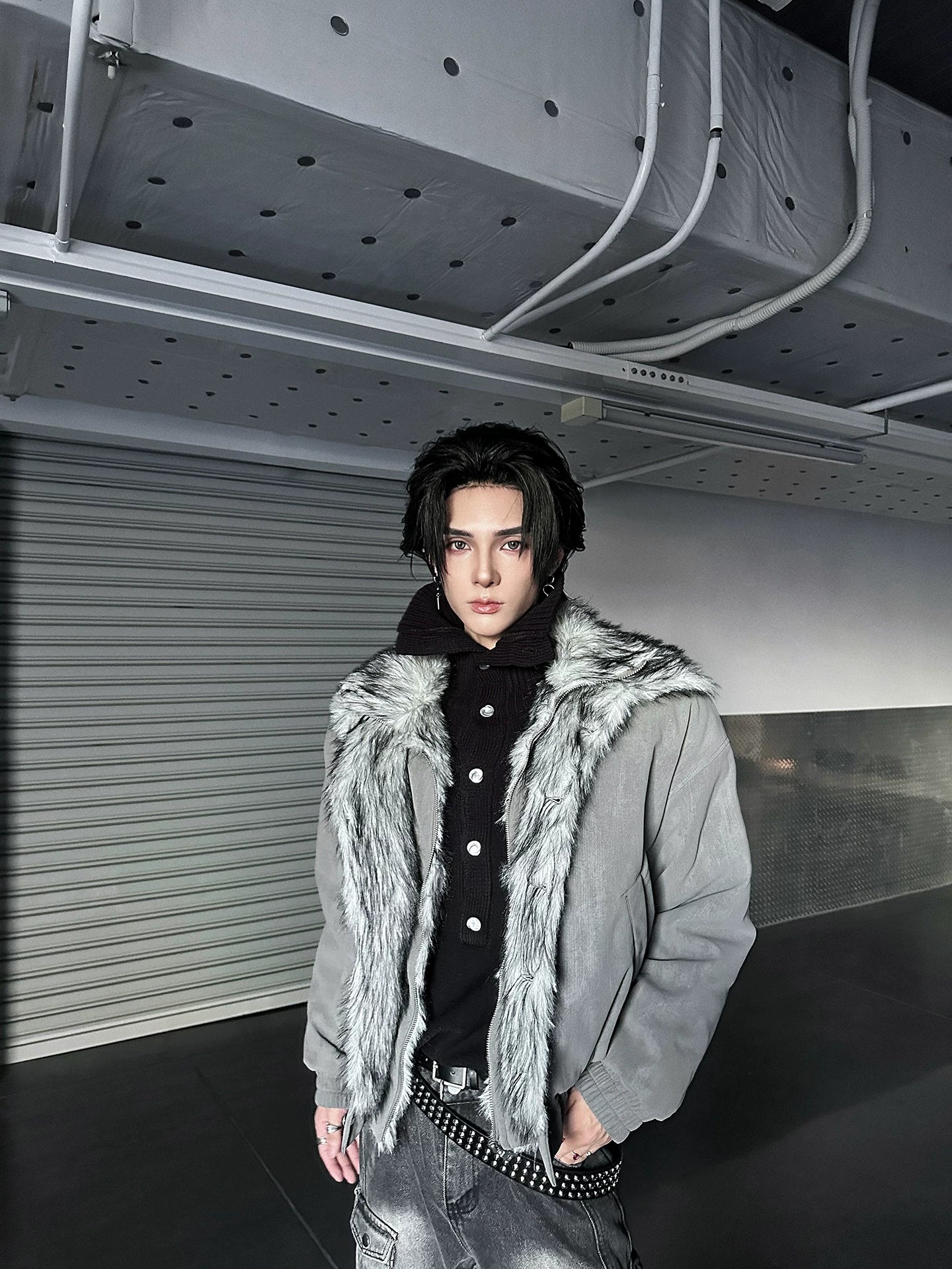 Frostbite V-Line Wolf-Fur Bomber Jacket