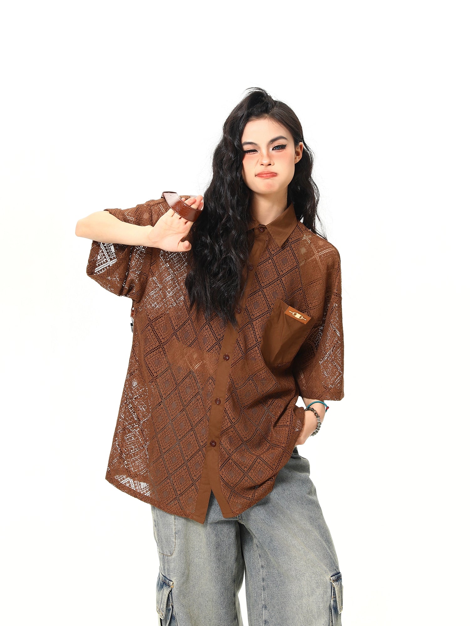 Sheer Geometric Lace Button-Up Shirt