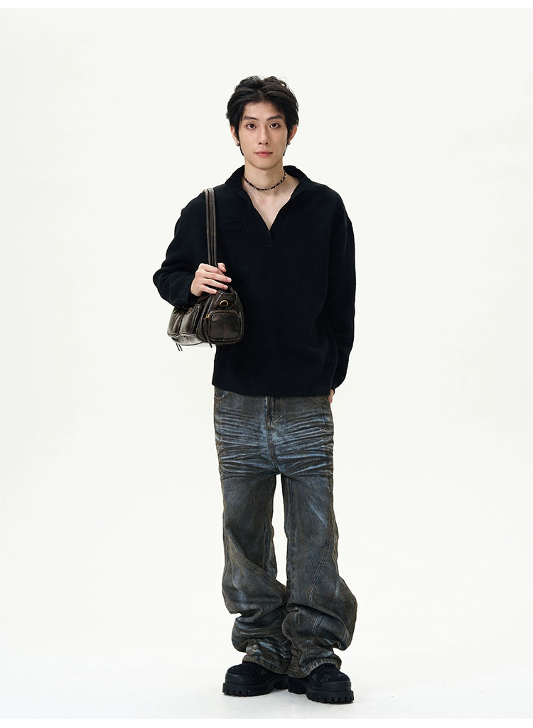 Charcoal Half-Placket Knit Sweater