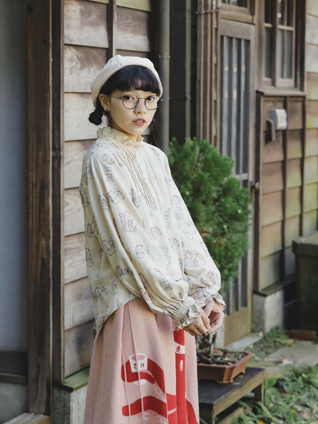 Lucky Cat Print Ruffle Blouse