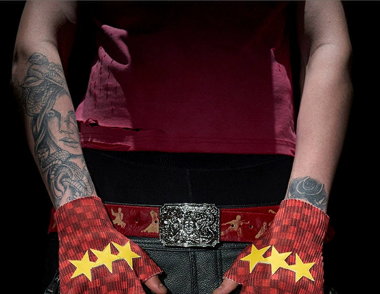 Red Fingerless Star Patch Gloves