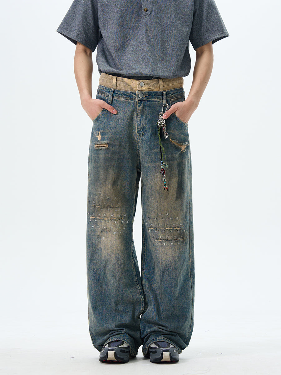 Heavily Distressed Wide Leg Cargo Jeans