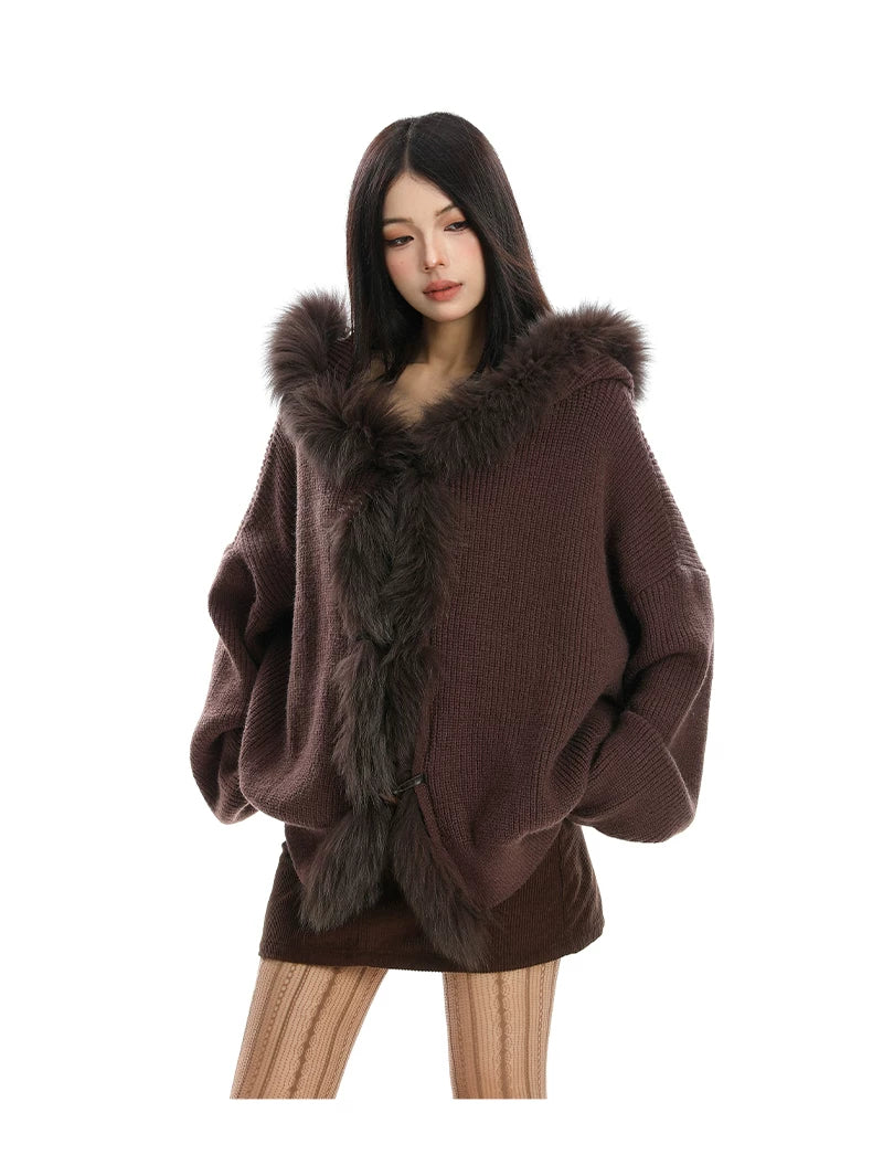 Shadow Luxe Fur-Trim Hooded Knit Cardigan