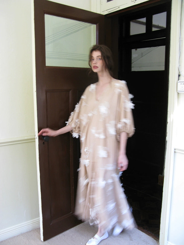 Floral Appliqué Sheer Maxi Dress