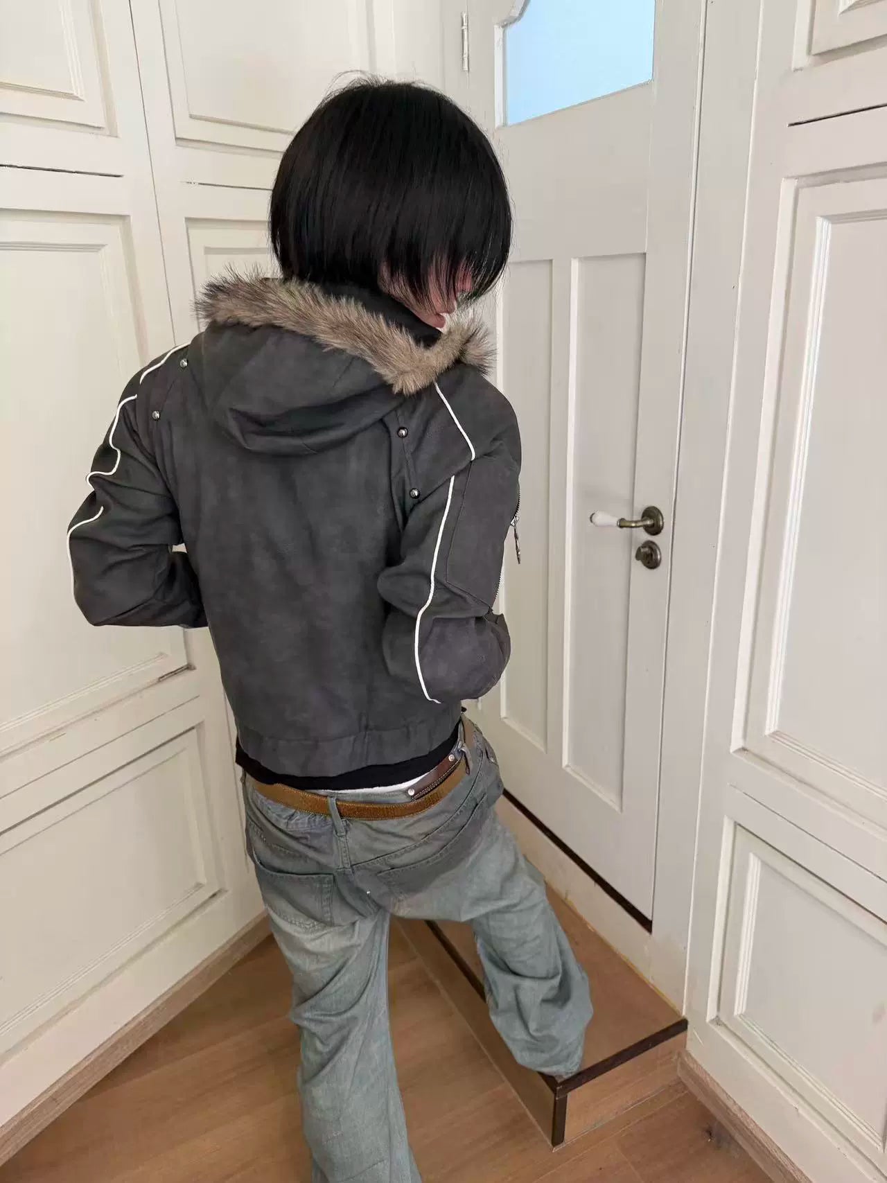 Faux Fur Hood Cropped PU Jacket