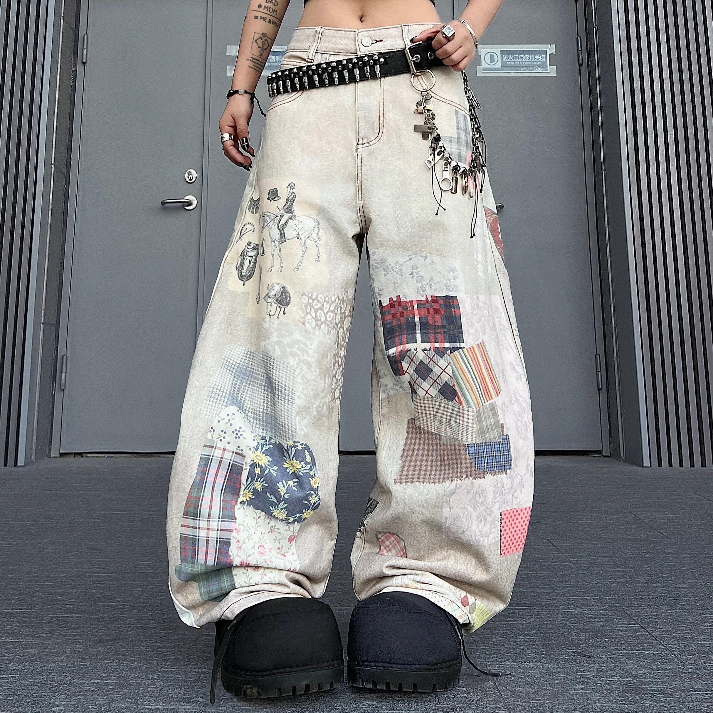 Men's 3D Digital-Print Mixed-Fabric Wide-Leg Jeans