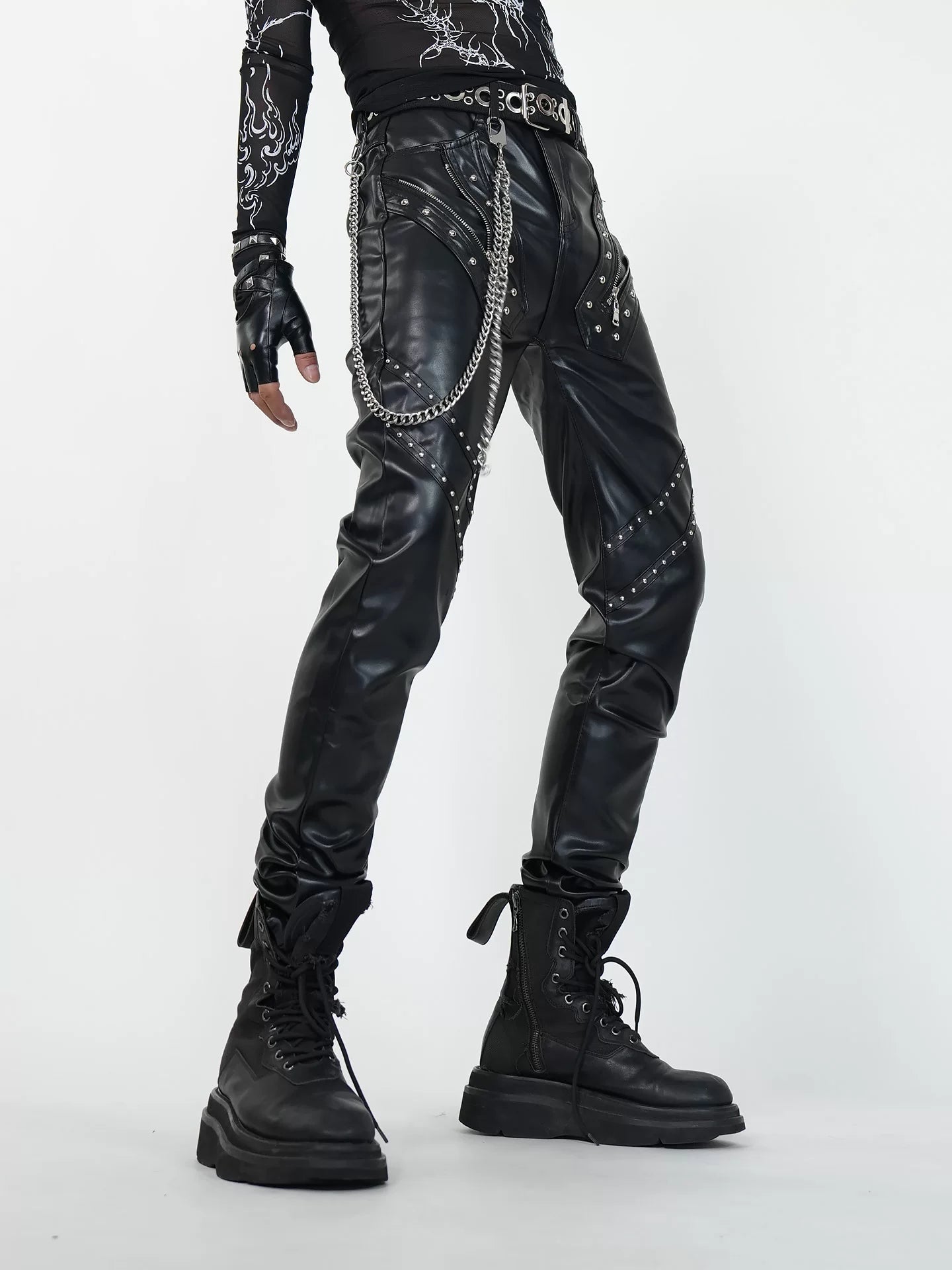Night Raid Rivet‑Chain Leather Pants