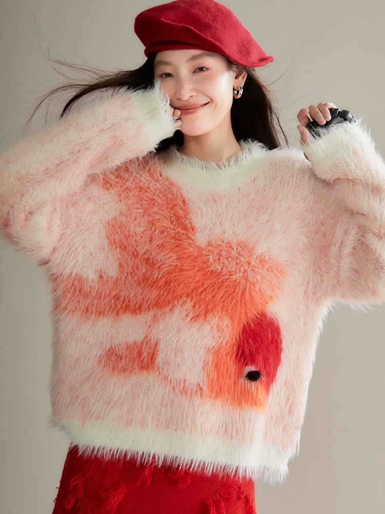 Red Koi Fish Fuzzy Sweater Kawaii Fluffy Winter Pullover