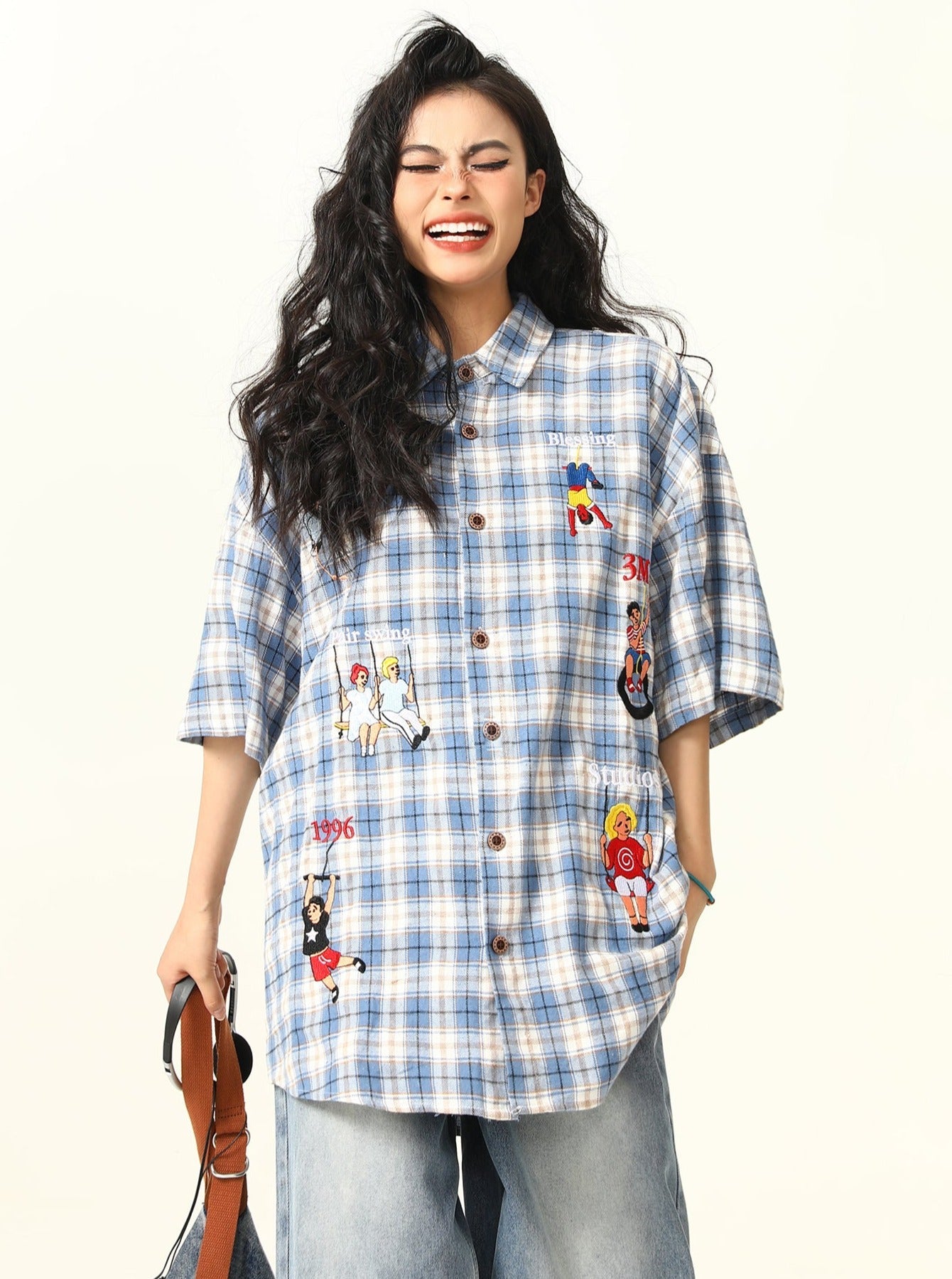 Camisa de botones a cuadros de dibujos a cuadros juguetones