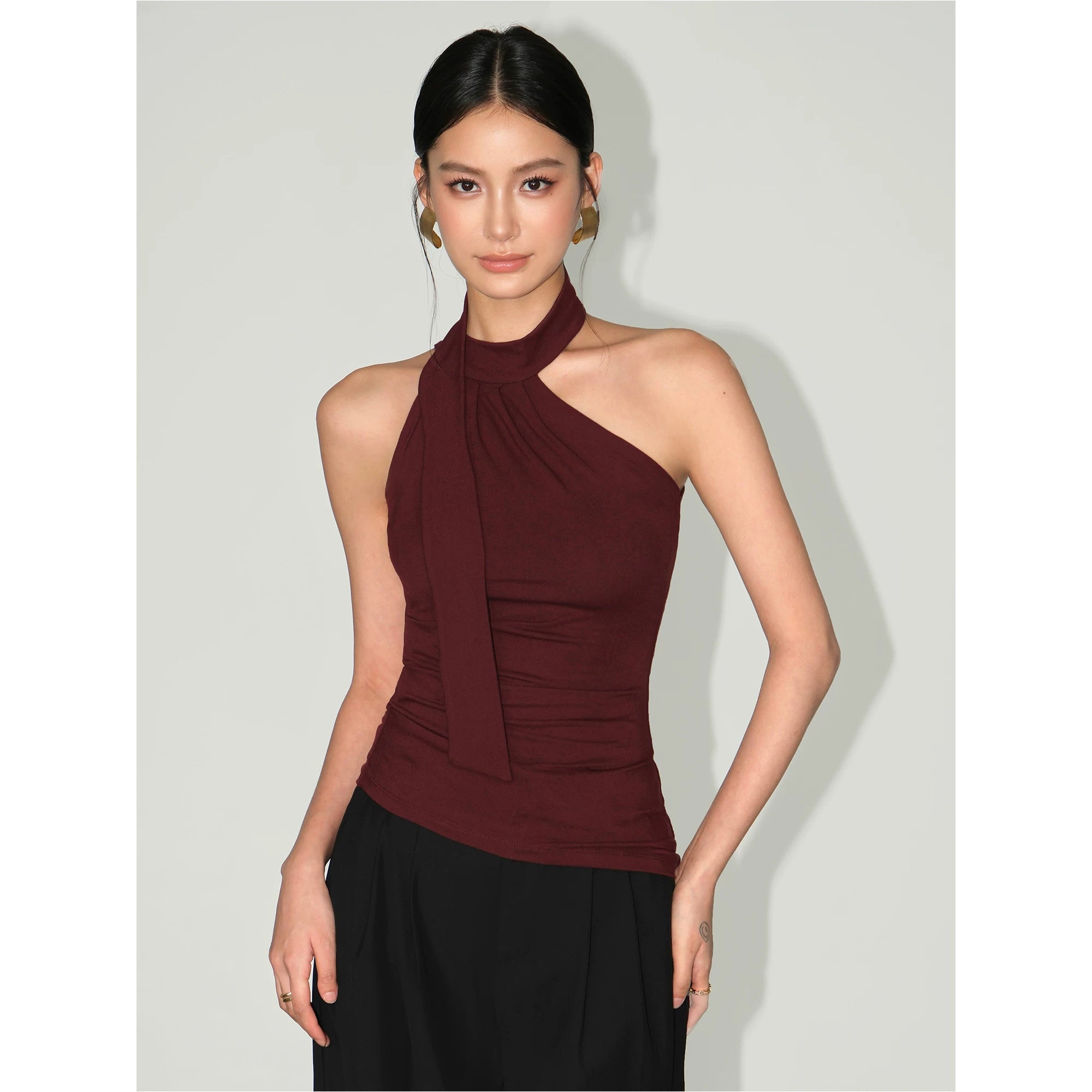 Ribbon Drape Asymmetric Halter Top