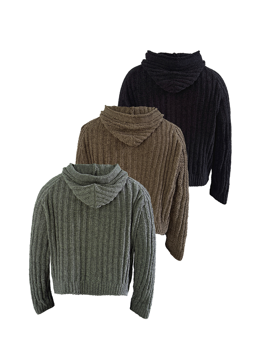 Ribbed Button-Up Knit Hoodie Cardigan