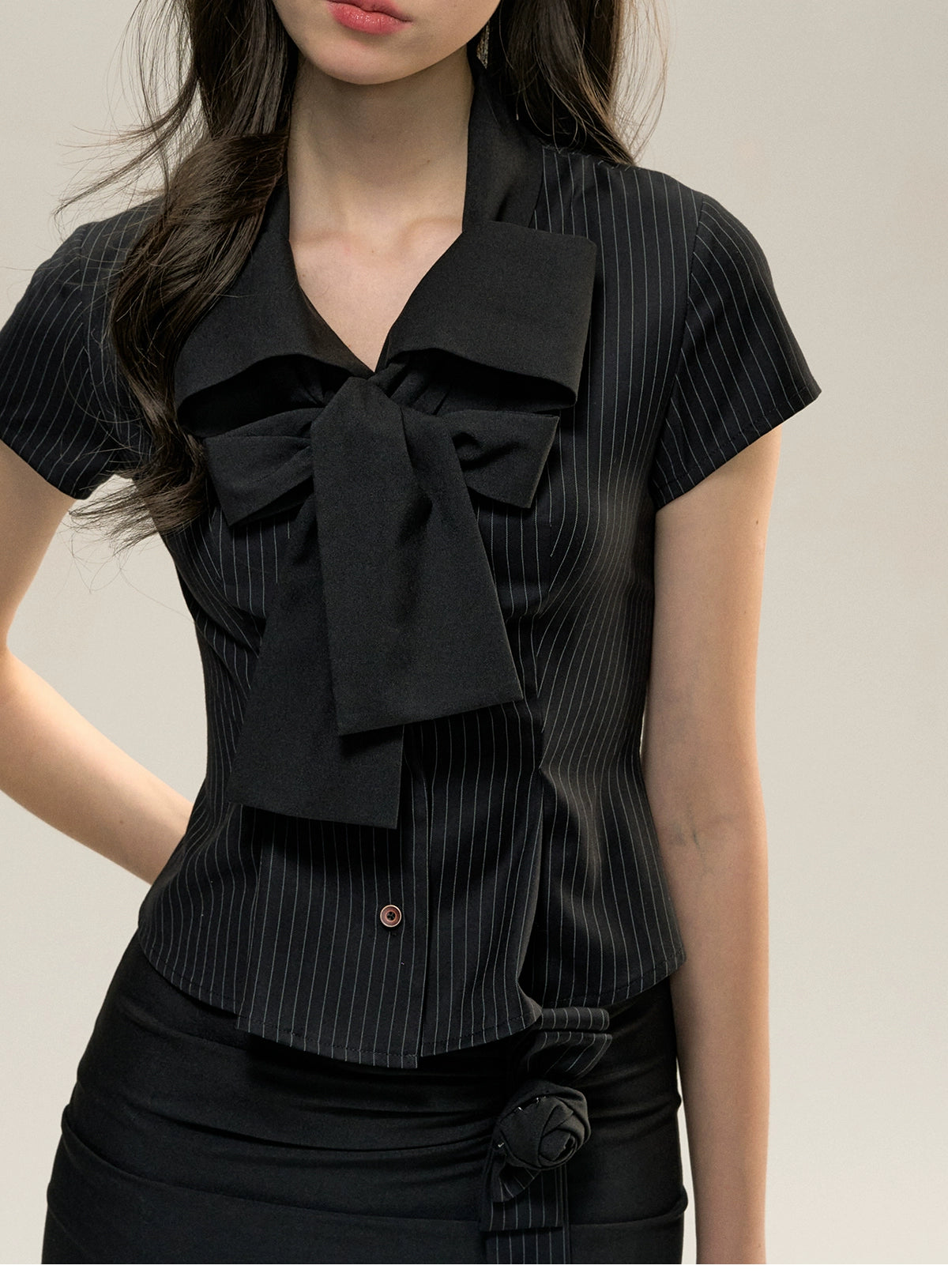 Black Pinstripe Bow Office Two Piece Set