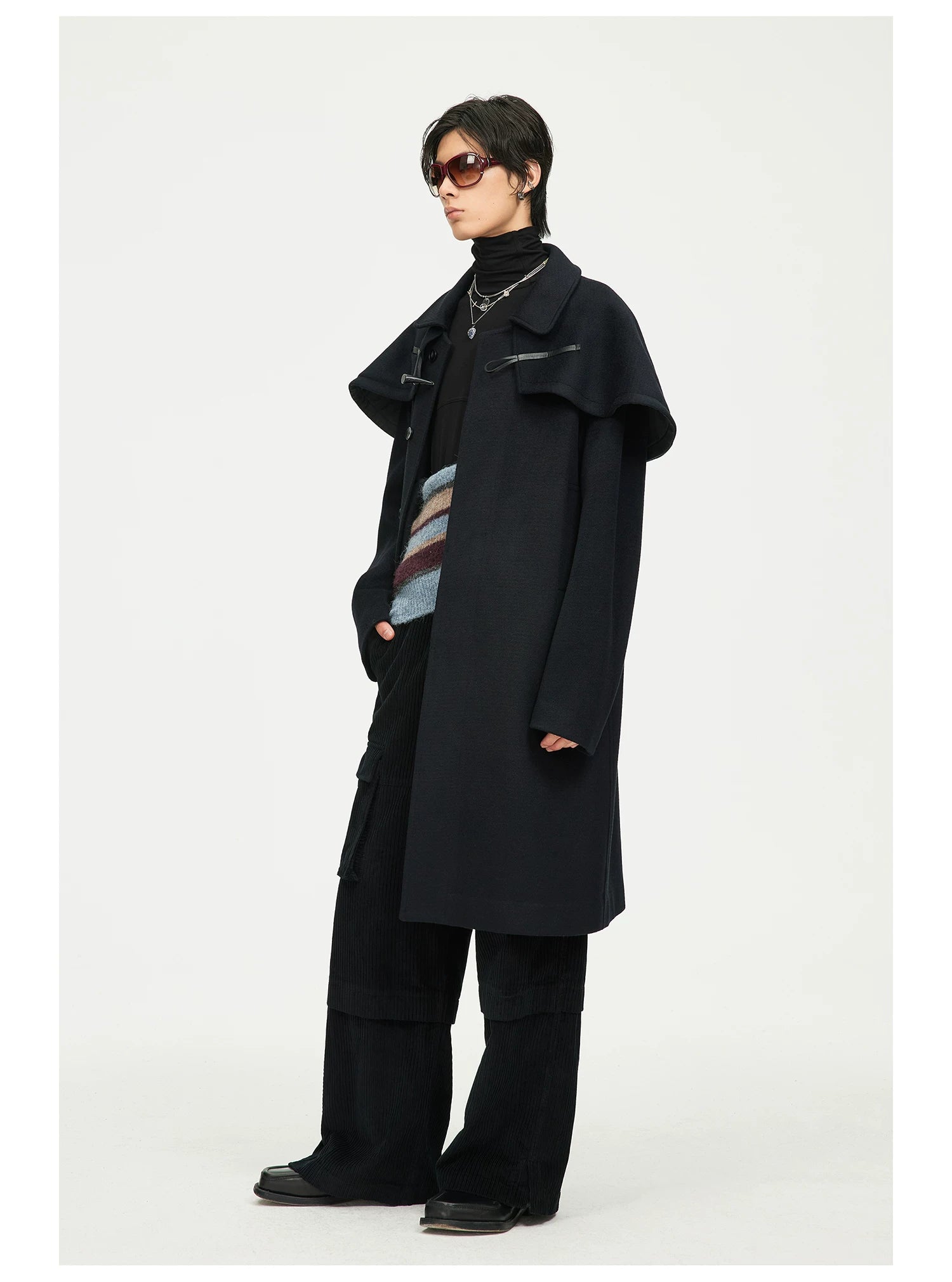 Black Cape-Detail Long Coat