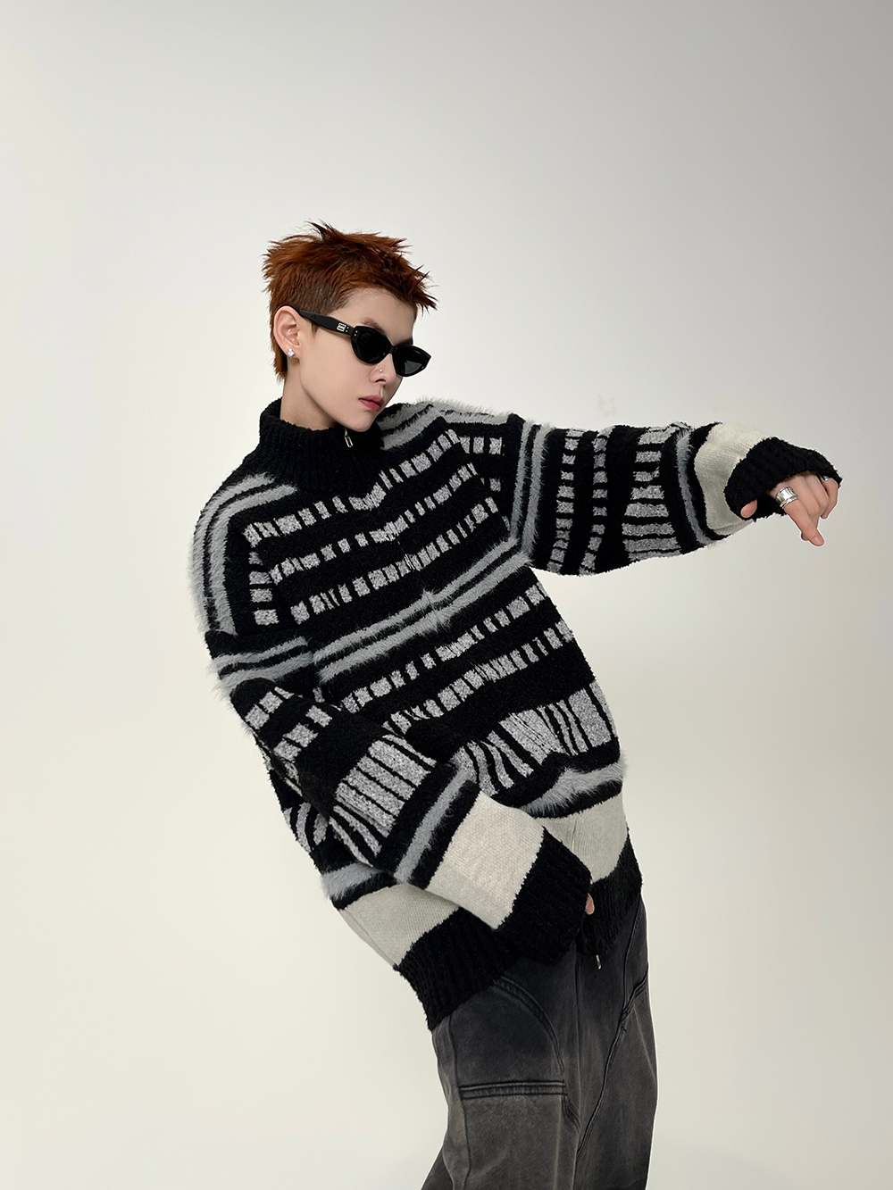 Metro Lines Fuzzy Zip Knit Sweater