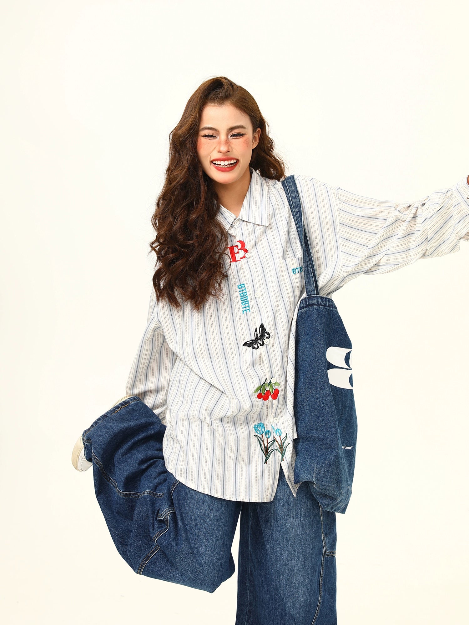 Embroidered Character Oversized Striped Shirt