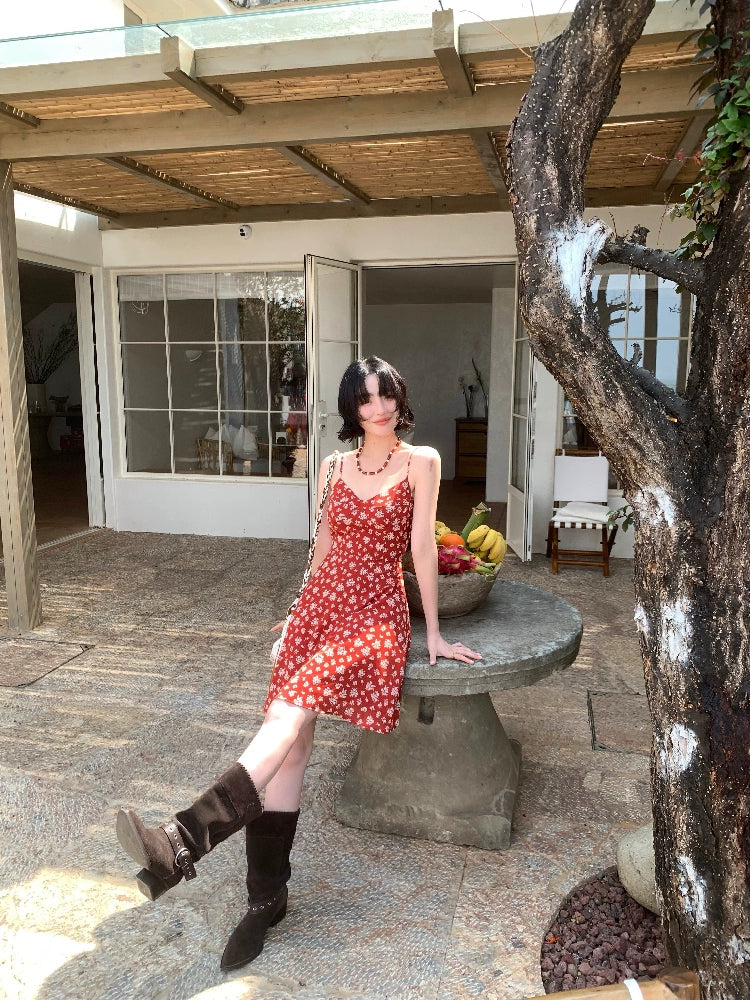 Red Floral Print Asymmetrical Dress