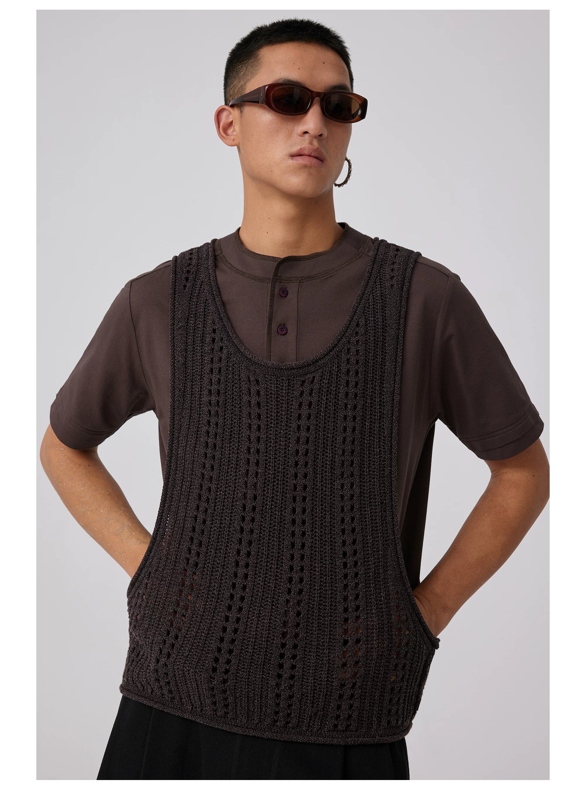 Open-Knit Button-Detail Vest