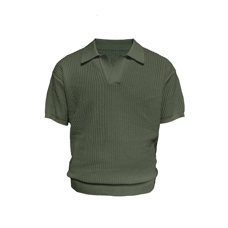 Textured Knit Open-Collar Polo Shirt
