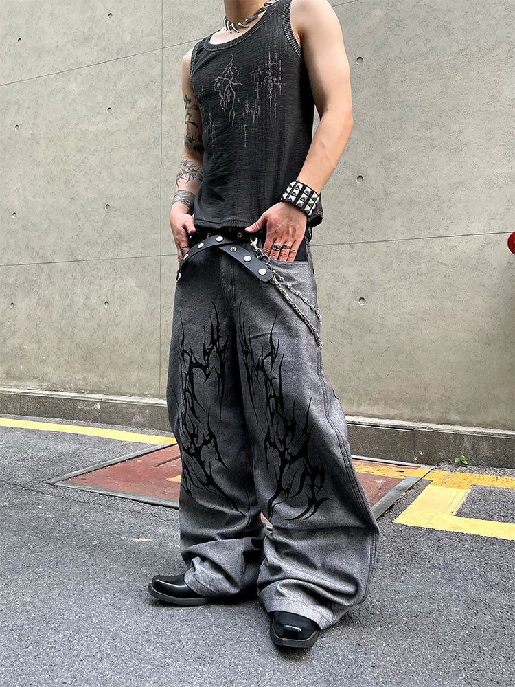 Washed Graffiti Flame Wide-Leg Jeans