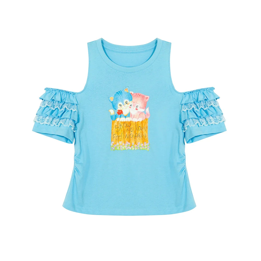 Kitty Print Ruffle Cold Shoulder and T-Shirt
