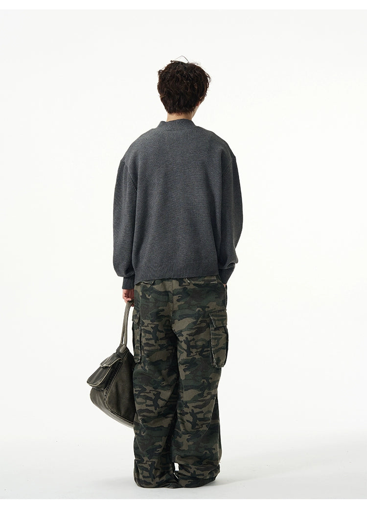 Charcoal Half-Placket Knit Sweater