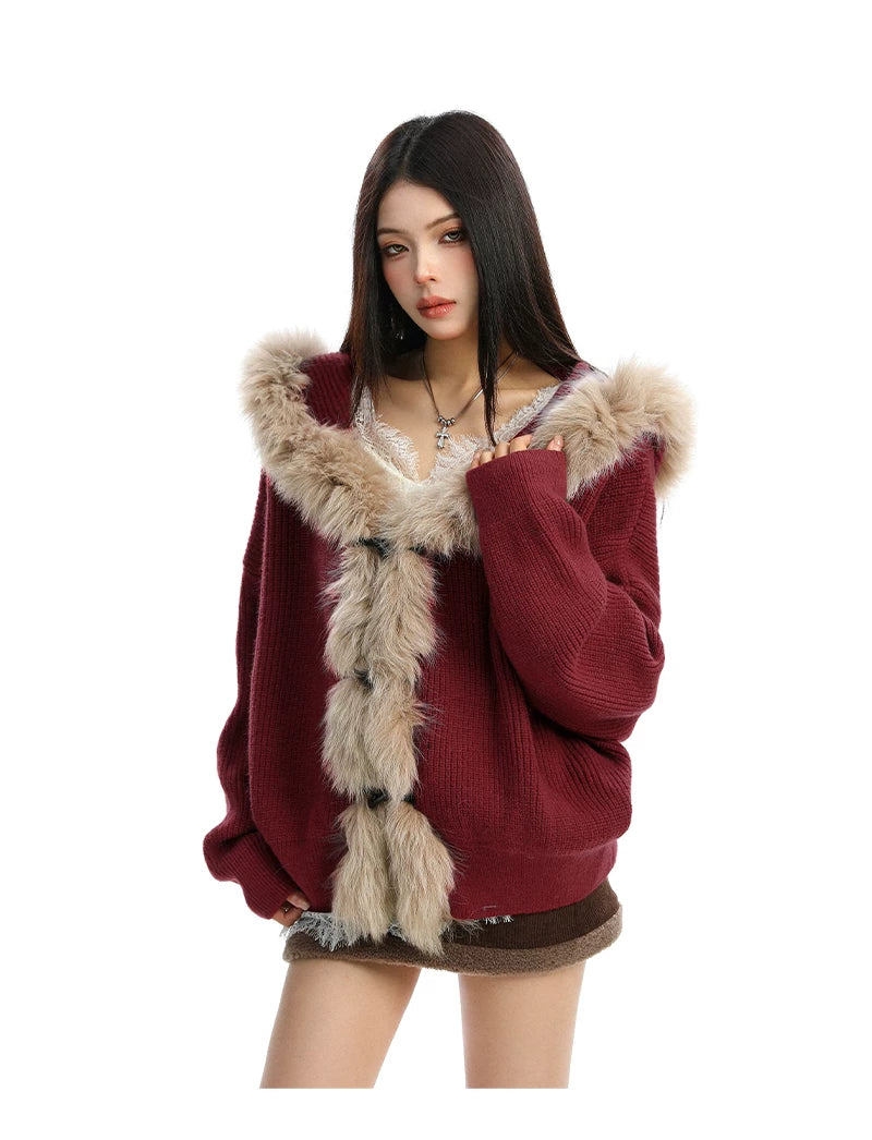 Shadow Luxe Fur-Trim Hooded Knit Cardigan
