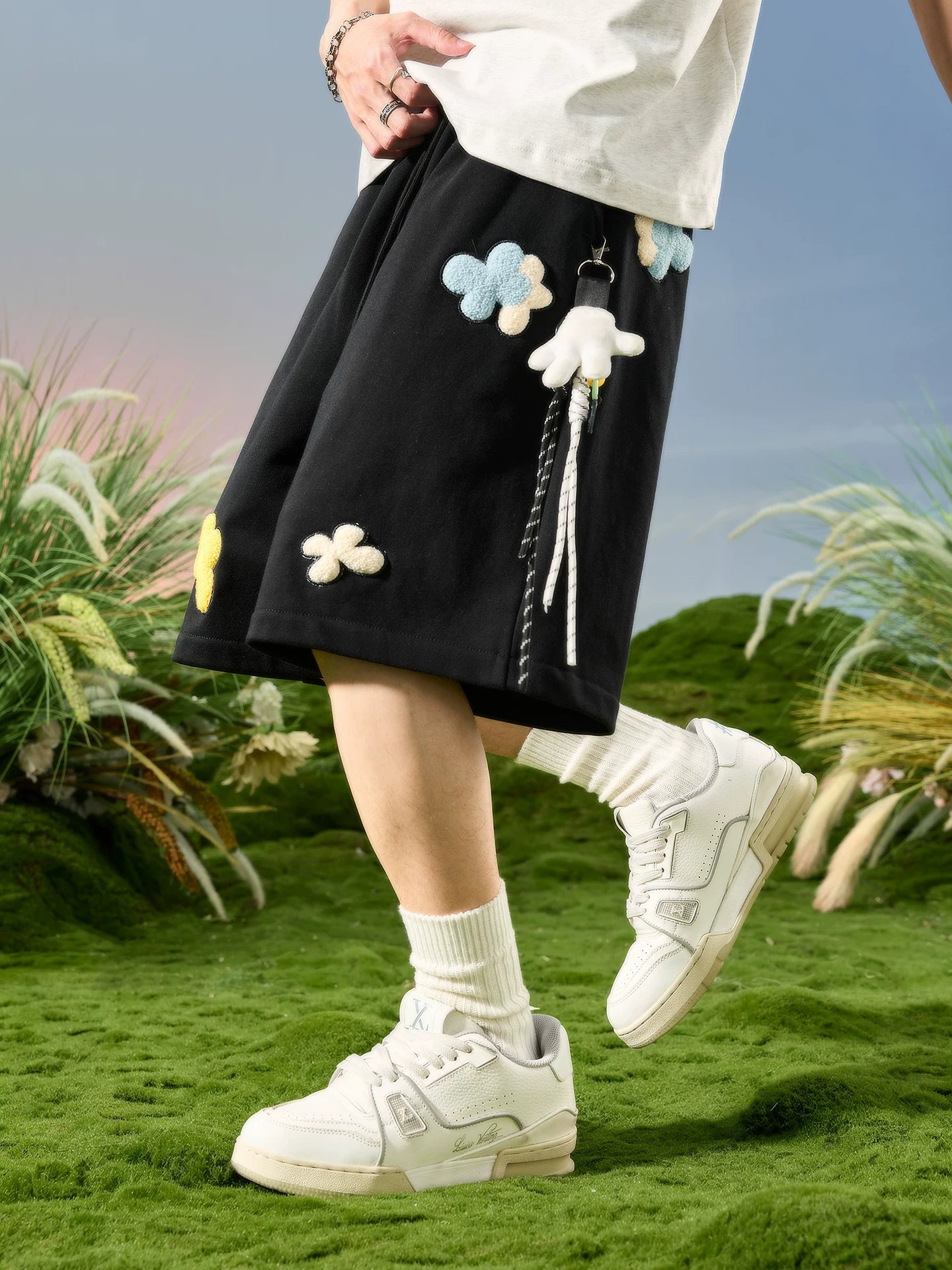 Playful Floral Appliqué Drawstring Sweat Shorts