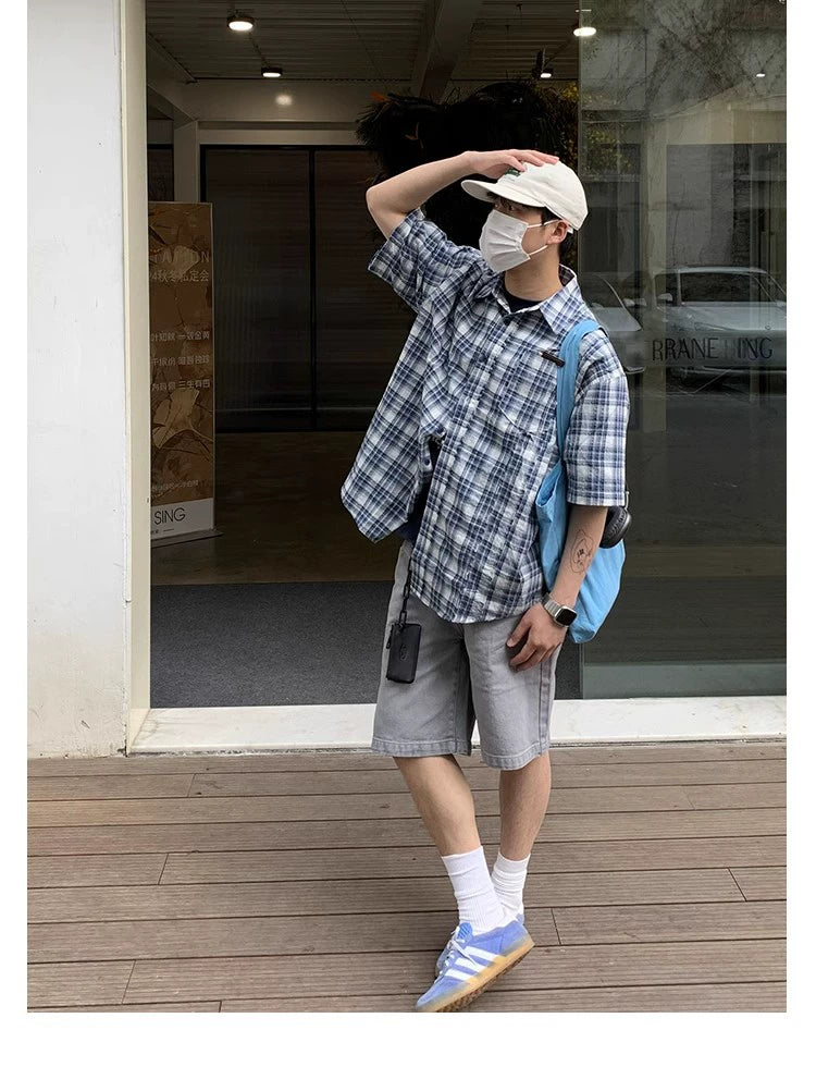 Oversized Blue and White Plaid Short Sleeve Shirt