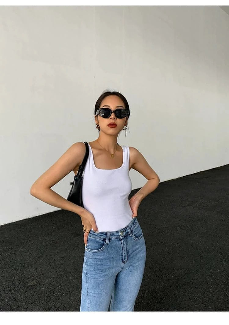 Summer Collection - Black Knitted Square Neck Camisole Top - chiclara