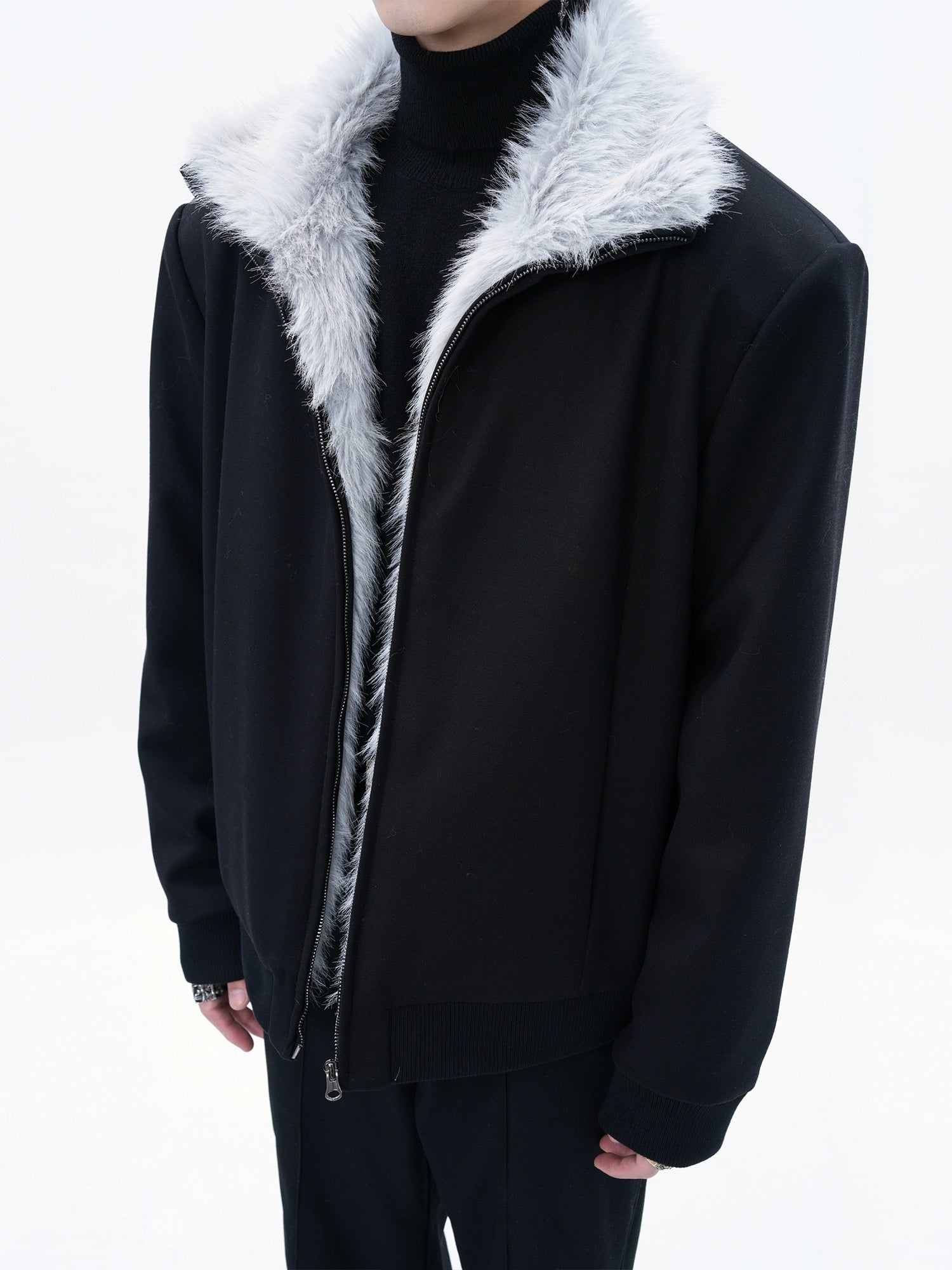 Black Bomber Jacket with Light Grey Faux Fur Collar