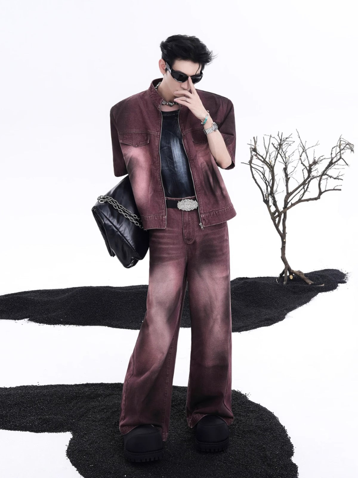 Burgundy Denim Matching Set with Short Sleeve Jacket